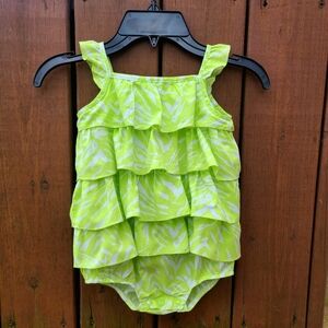 Carter' s Baby Palm Leaf Tiered Ruffle 1pc Bubble Romper  Lime Green/White 24M